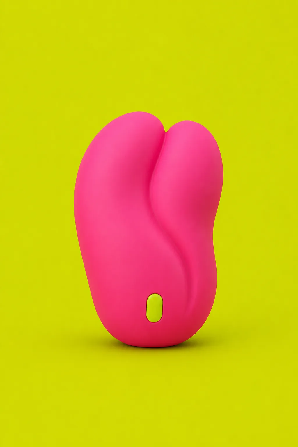 Die Götterbohne: eine matte, bohnenförmige Skulptur aus zwei weichen Volumen vor einer flächigen Hintergrundfarbe.